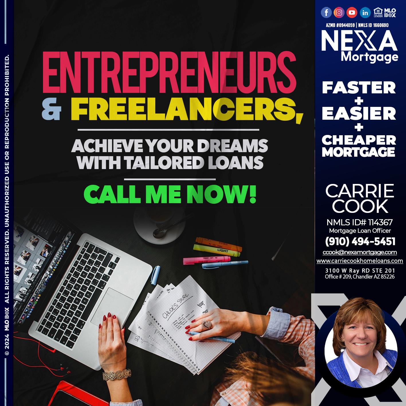 entreprenuers and freelancers - Carrie Cook -Mortgage Loan Officer